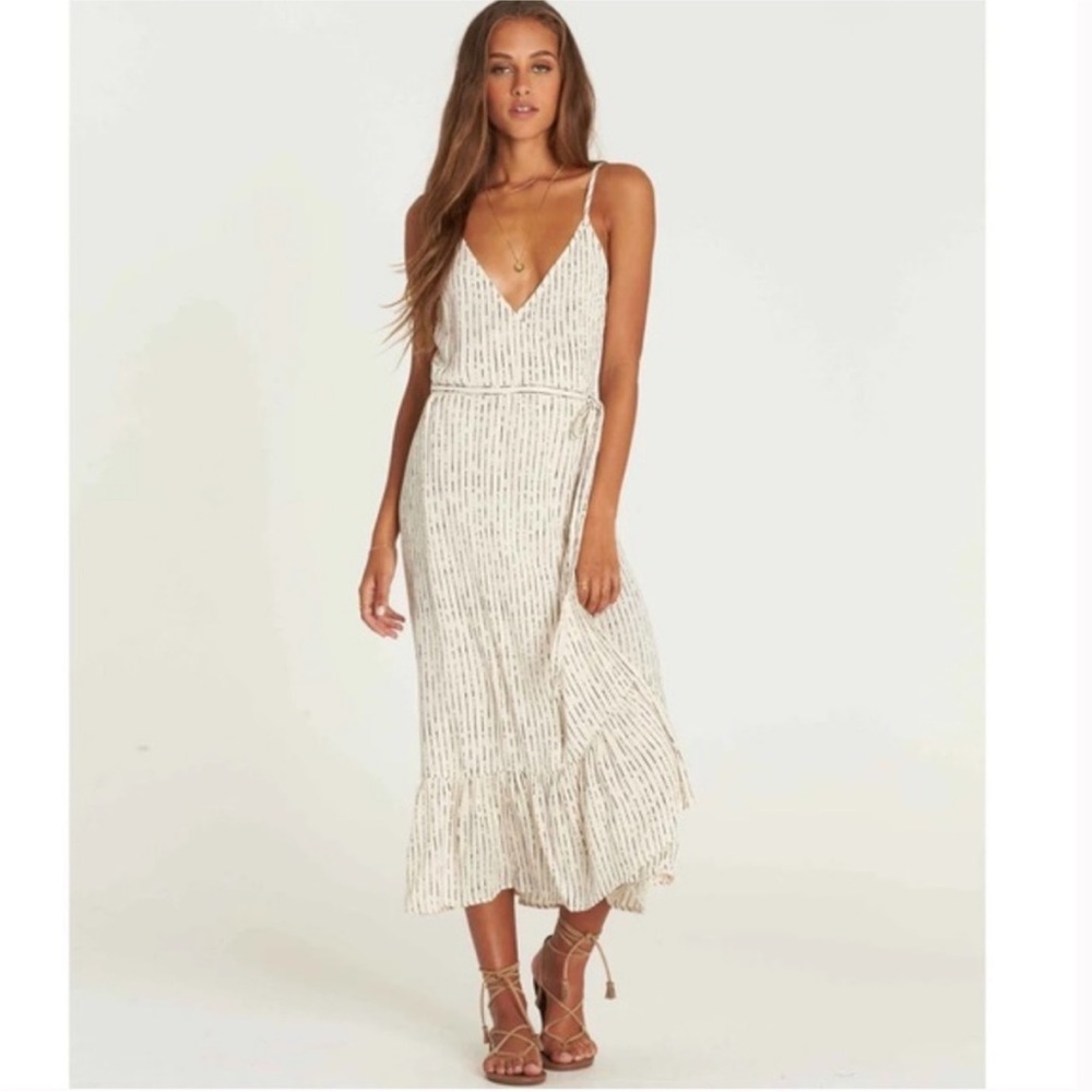 Billabong Cream Black Striped Maxi Wrap Tie Waist Casual Boho Dress XS